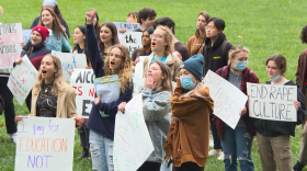 Indiana University students at a rally in 2021. That year, sororities paused events due to increases in sexual assault.