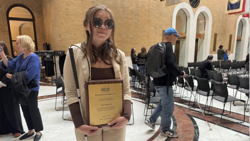 Rockport resident Aubrey Sholds-Neal received the Meg Robertson Mobility Award at the White Cane Awareness Day at the State House in Boston on Oct. 24, 2025.