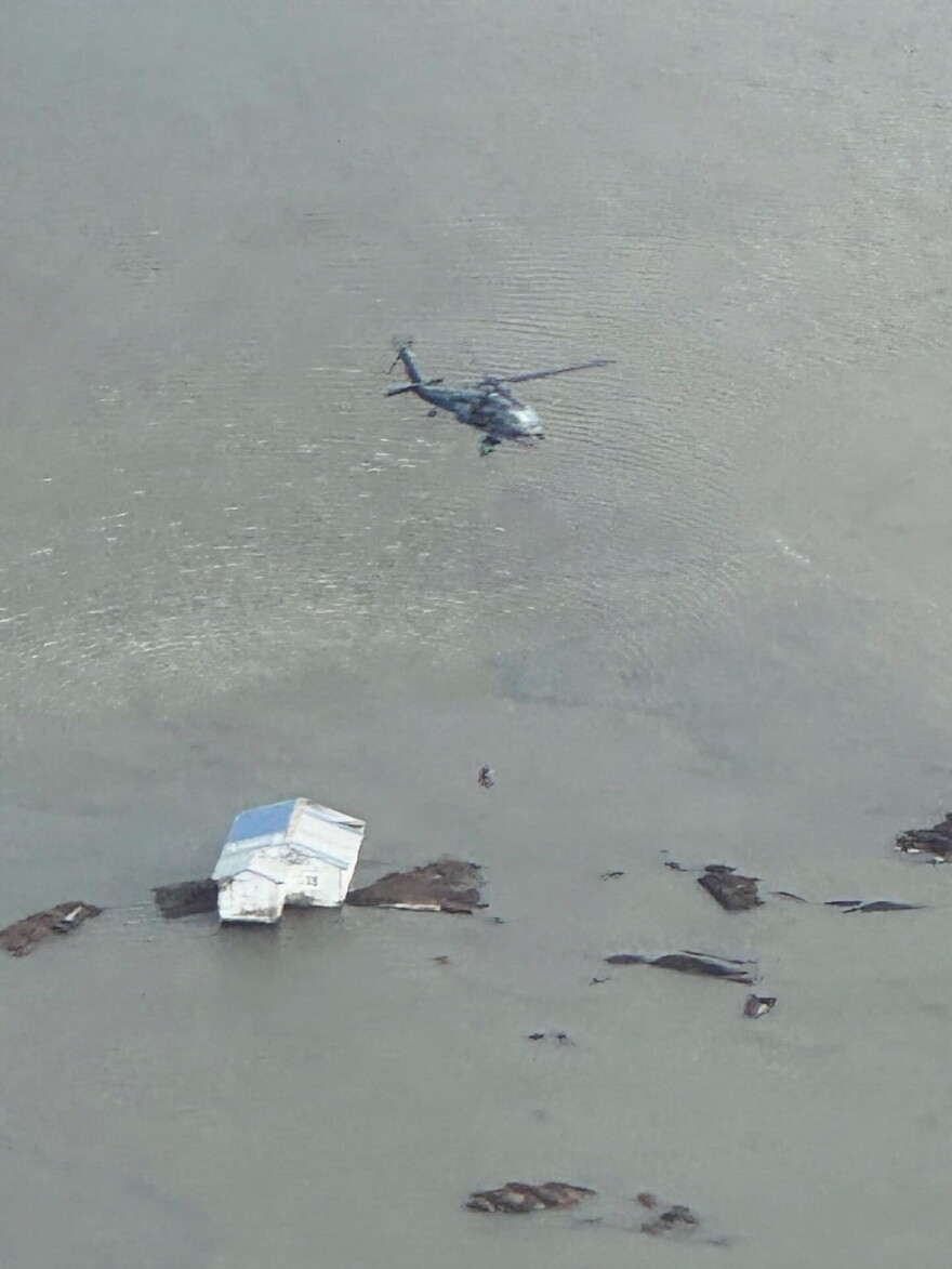 Alaska Air National Guard rescue personnel conduct a search and rescue mission on Oct. 13, 2025, in support of storm response operations over Western Alaska.
