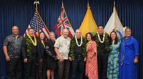 Honolulu Mayor Rick Blangiardi and Police Chief David Lazar (center) held a news conference announcing leadership changes to the Honolulu Police Department. Brandon Nakasato