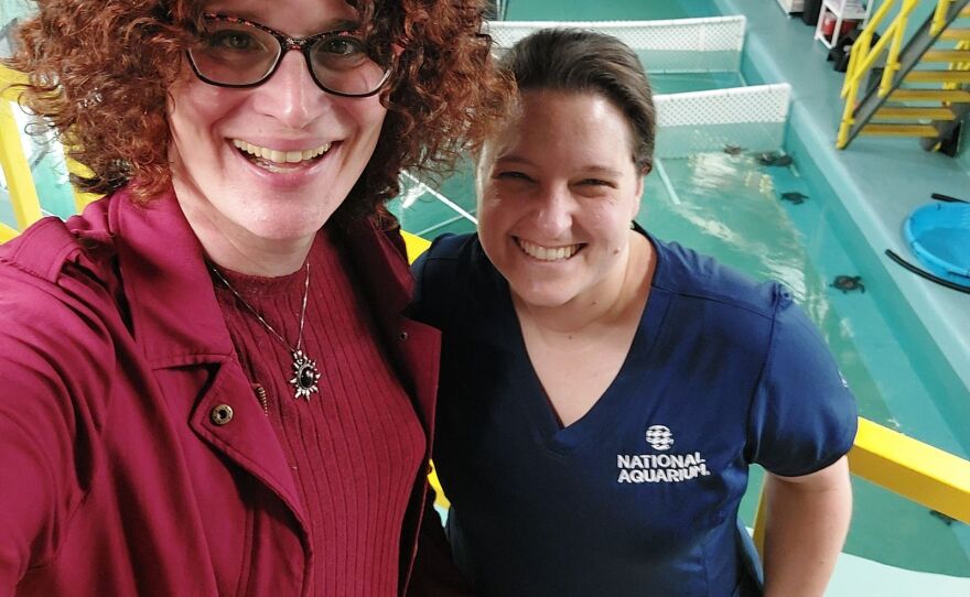 On the Record's Ashley Sterner (L) with Caitlin Bovery (R), the rehabilitation manager at the National Aquarium in Baltimore. Credit: Ashley Sterner