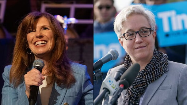 Left: Christine Drazan at her election night party on Tuesday, May 19, 2026. Right: Gov. Tina Kotek at her victory announcement Nov. 10, 2022.