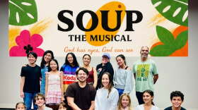 The cast of Soup The Musical poses on stage.