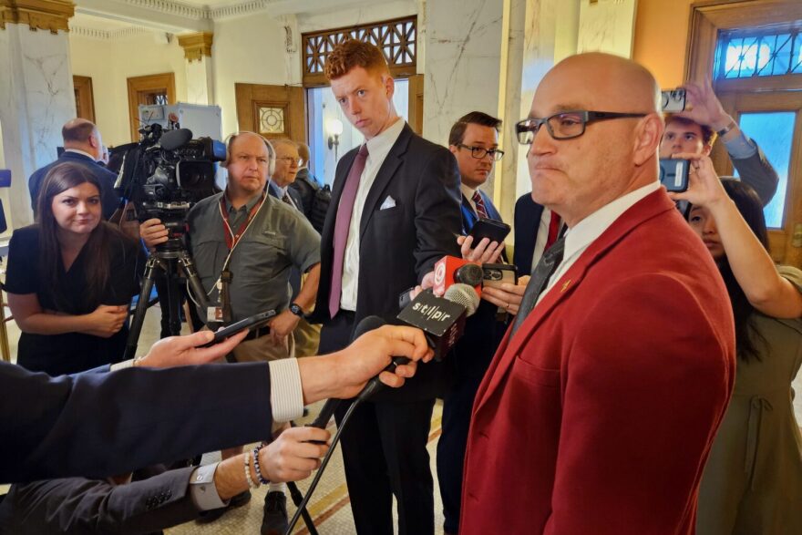 Missouri Secretary of State Denny Hoskins speaks to reporters Tuesday after the Missouri Supreme Court heard arguments on two cases involving the state's gerrymandered redistricting map.