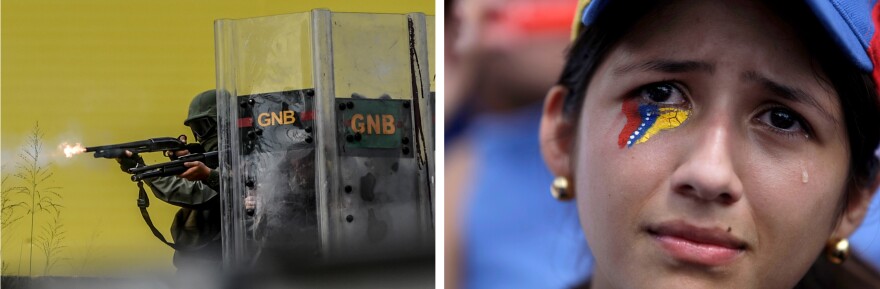 A member of the Venezuelan National Guard fires in Caracas, as protesters there block a major thoroughfare on Monday. And a woman tears up during a march against a decade-old decision not to renew the broadcast license for Radio Caracas Television.