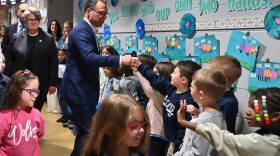 Pennsylvania Gov. Josh Shapiro greets students at Isaac Tripp Elementary School in West Scranton.
