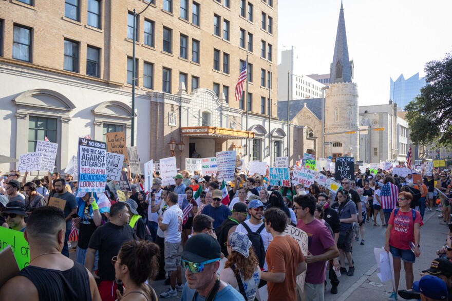 Protesters in downtown San Antonio on Saturday, June 14, 2025.