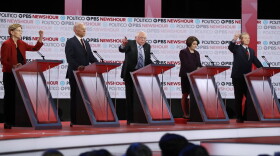 In this Dec. 2019 photo, Democratic presidential candidates Sen. Elizabeth Warren, D-Mass., former Vice President Joe Biden, Sen. Bernie Sanders, I-Vt., Sen. Amy Klobuchar, D-Minn., and businessman Tom Steyer participate in a primary debate in L.A.