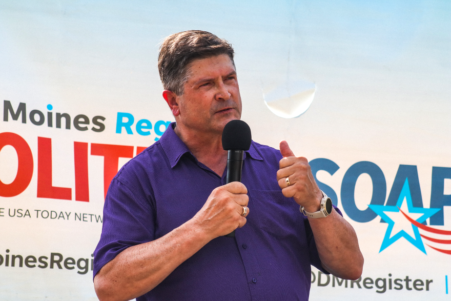 Joel Miller speaks at the Des Moines Register Political Soapbox at the Iowa State Fair.