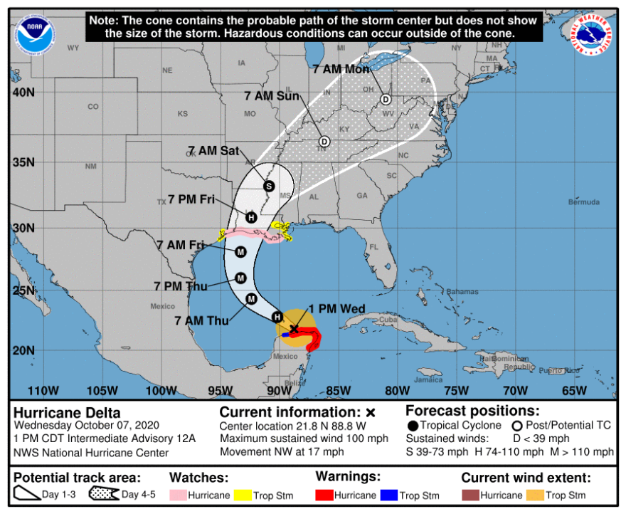 The National Hurricane Center has issued hurricane and tropical storm warnings for coastal Louisiana ahead of Hurricane Delta's arrival, which is expected sometime Friday night or Saturday morning. 