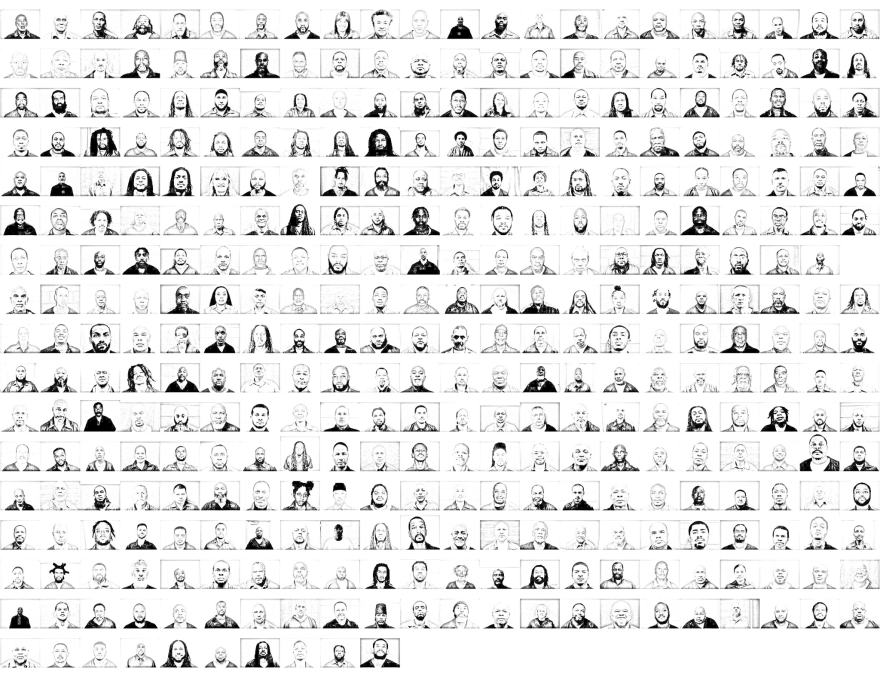 A large black-and-white collage composed of hundreds of individual head-and-shoulders portraits arranged in neat rows, like a checkerboard. Each portrait shows a different person’s outline against a plain background, creating a dense grid of faces across the entire image. The overall effect emphasizes scale and diversity rather than any single individual.
