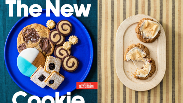The cover of "The New Cookie" and molten toasted marshmallow peanut butter cookies. (Courtesy of America's Test Kitchen/Kritsada Panichgul)