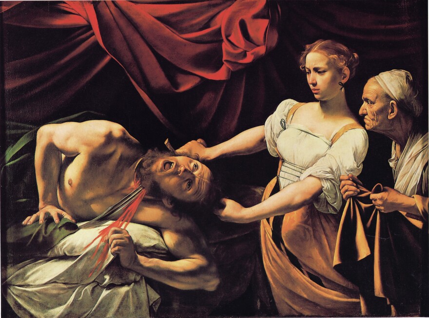 Hockney says late 16th century Italian painter Caravaggio "invented Hollywood lighting," as demonstrated (above) in his 1599 work, <em>Judith Beheading Holofernes.</em>
