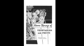 Front cover of the 1939 Home Storage of Vegetables and Fruits Bulletin. Pencil sketches of vegetables and fruits, such as carrots, pears, grapes, and squash, are shown. 