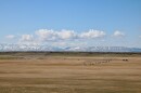 A farm field with an irrigation pivot in front of mountains.