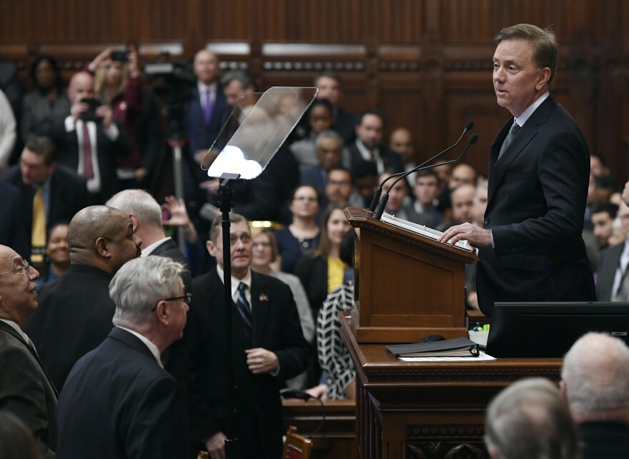 Connecticut Gov. Ned Lamont delivers his budget address at the State Capitol in Hartford in Feb.