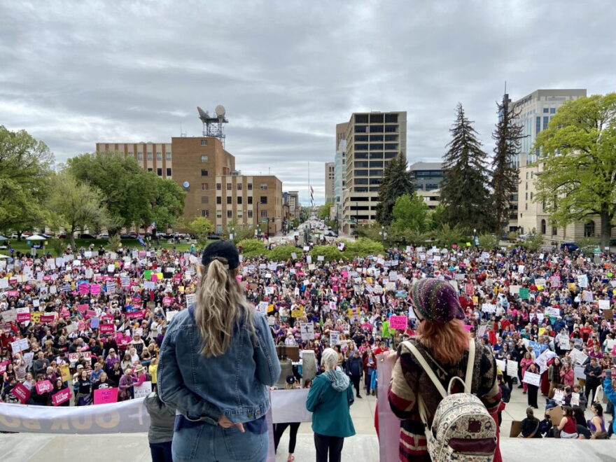 Thousands of Idahoans gathered in front of the Idaho Capitol Building on May 14, 2022, to attend the Bans Off Our Bodies abortion rights rally. The event was organized by Planned Parenthood, the ACLU of Idaho, Add the Words Idaho and other groups. (Christina Lords/Idaho Capital Sun)