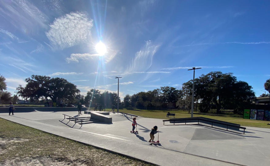 The 10,000-square foot street course at Ocala Skate Park opened in May 2019. The city’s $500,000 commitment will finish the second phase of the park’s construction, which was promised in the original design nearly six years ago. (Ethan Eibe/WUFT News)