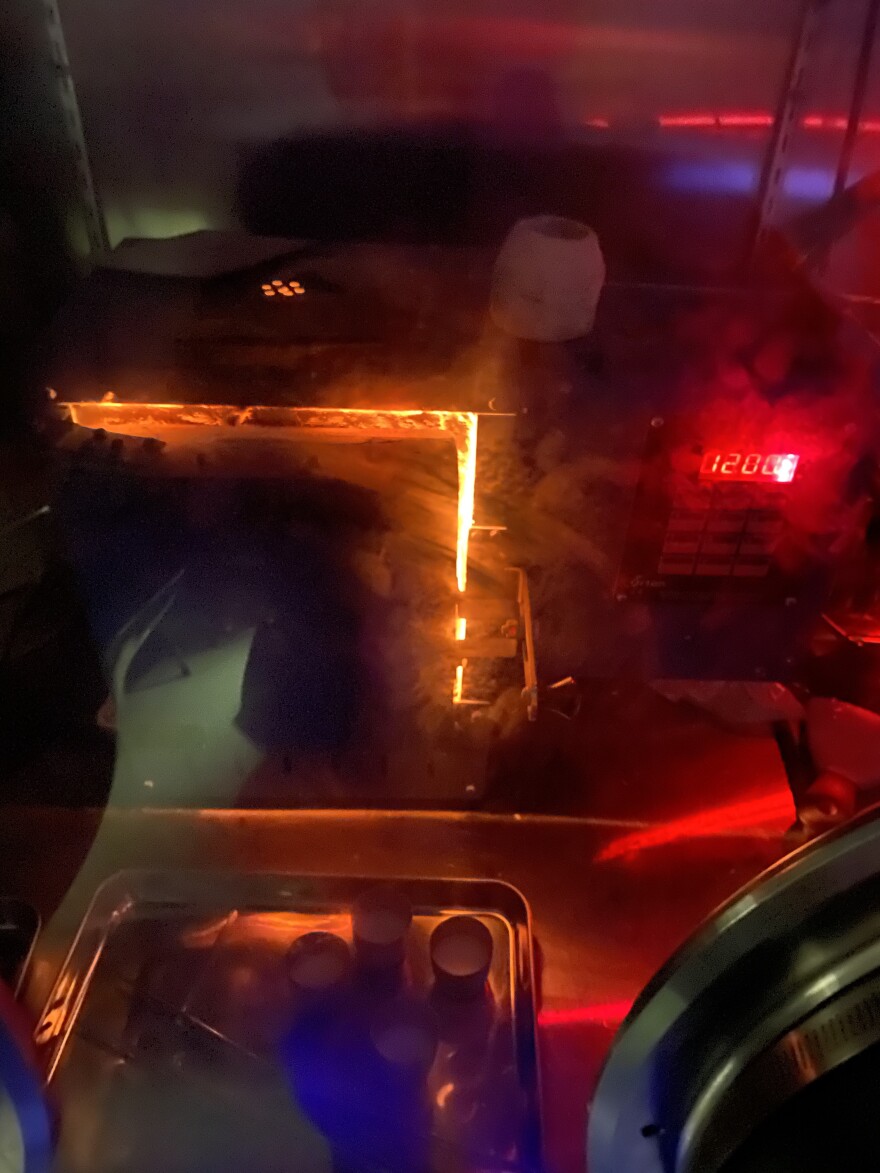 A furnace with molten salt is seen in Dr. Matthew Memmot's lab at Brigham Young University in Provo, Utah.