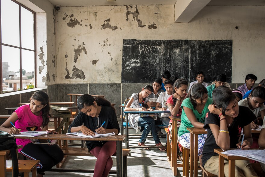 Girls study at a high school in the city of Jodhpur. Their tuition and board are paid for by a charity called the Veerni Institute. When the organization first tried to recruit students in Durga's village, Lumbaram was the only father to say yes.