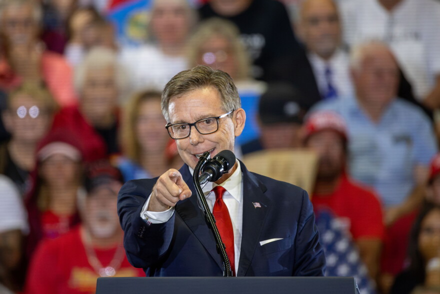 Mike Mazzei speaks to Trump supporters at Durant's Choctaw Nation Event Center on Oct. 1 as part of his bid to become Oklahoma's next governor.