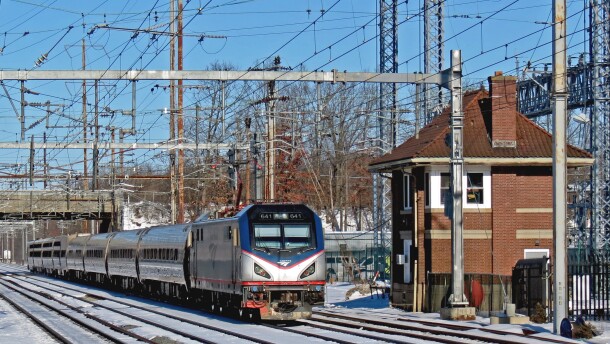 An electrically powered Amtrak train approaches the Princeton Junction, N.J. station, along the Northeast Corridor, in February 2026. Amtrak officials have said dual-mode engines, which can use diesel or electric power, would be used on the planned route between Scranton and New York City.