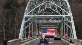US President Joe Biden speaks on infrastructure at the NH 175 bridge over the Pemigewasset River in Woodstock, New Hampshire.
