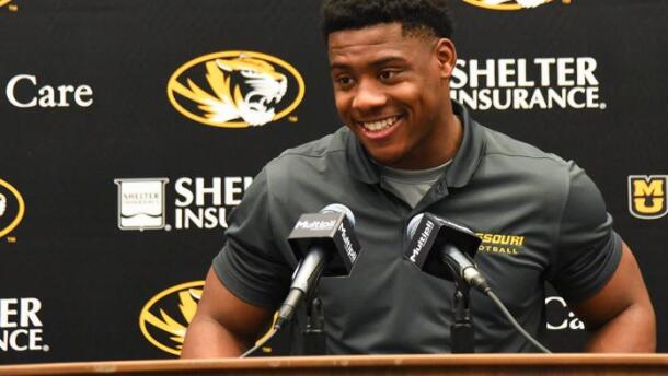 Ahmad Hardy speaks during a press conference in February at Memorial Stadium in Columbia. Mizzou Athletics announced Monday morning that Hardy had been shot early Sunday morning at a concert in Mississippi, underwent surgery later Sunday and was in stable condition.