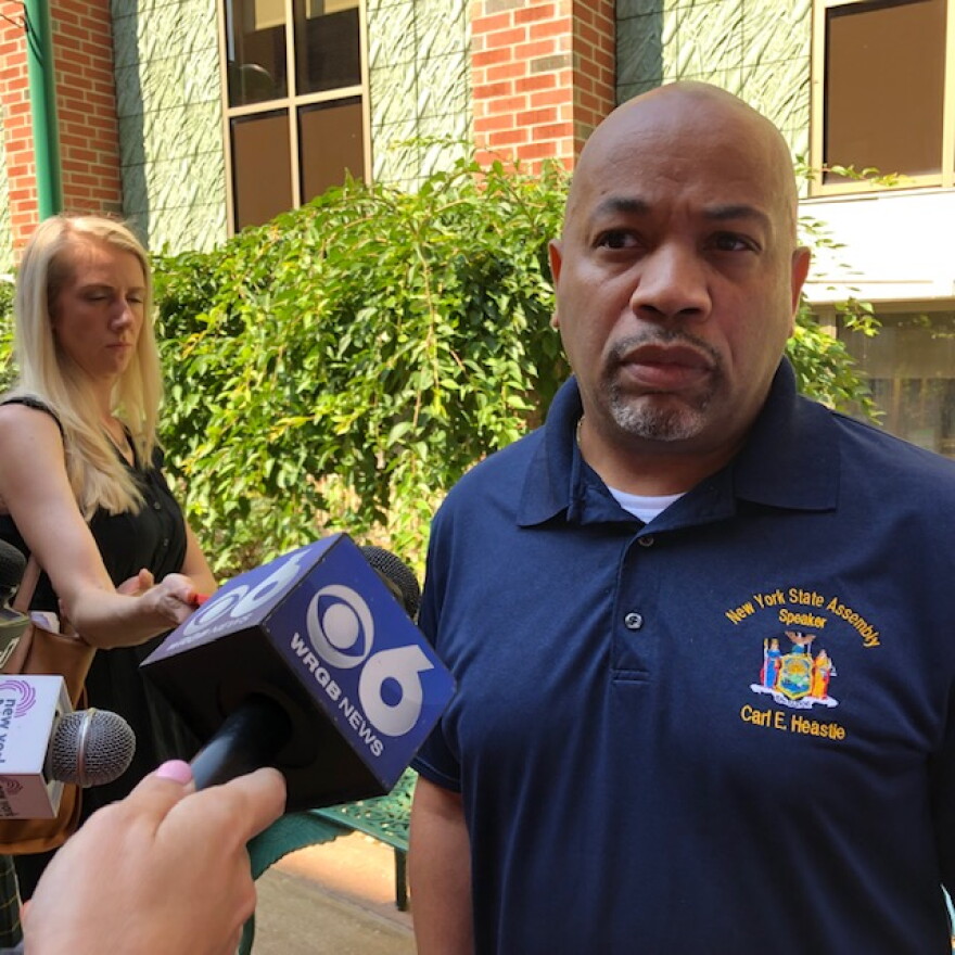 Assembly Speaker Carl Heastie speaks to reporters about the ongoing impeachment inquiry into Gov. Andrew Cuomo on July 23, 2021. 