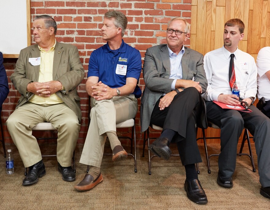 A line-up of candidates at a meet-and-greet in Ulysses, Kansas. From left to right: District 39 Sen. Larry Powell, Congressional candidate Roger Marshall, state Rep. John Doll, and Democratic challenger Zach Worf.