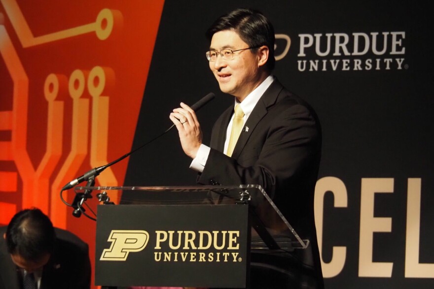 Purdue President Mung Chiang at an economic development announcement on April 3, 2024.