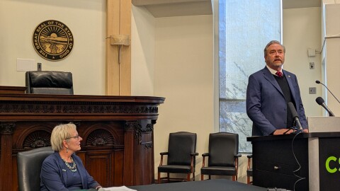 Cleveland State University President Laura Bloomberg, left, and Ohio Attorney General Dave Yost announced a new program to train prosecutors at Cleveland State University's College of Law.