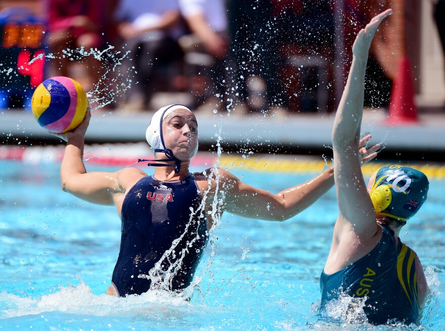 Maggie Steffens of the U.S. women's water polo team prepares her shot against the Australian team on May 22 in Los Angeles. The American team is the reigning Olympic champion and is favored to win again in Rio.