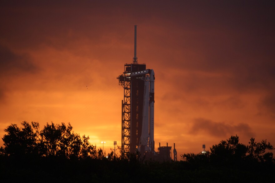 Ahead of tomorrow's flight the SpaceX Falcon 9 rocket with Crew Dragon spacecraft sits on the launch pad at Launch Complex 39A at NASA's Kennedy Space Center in Florida.