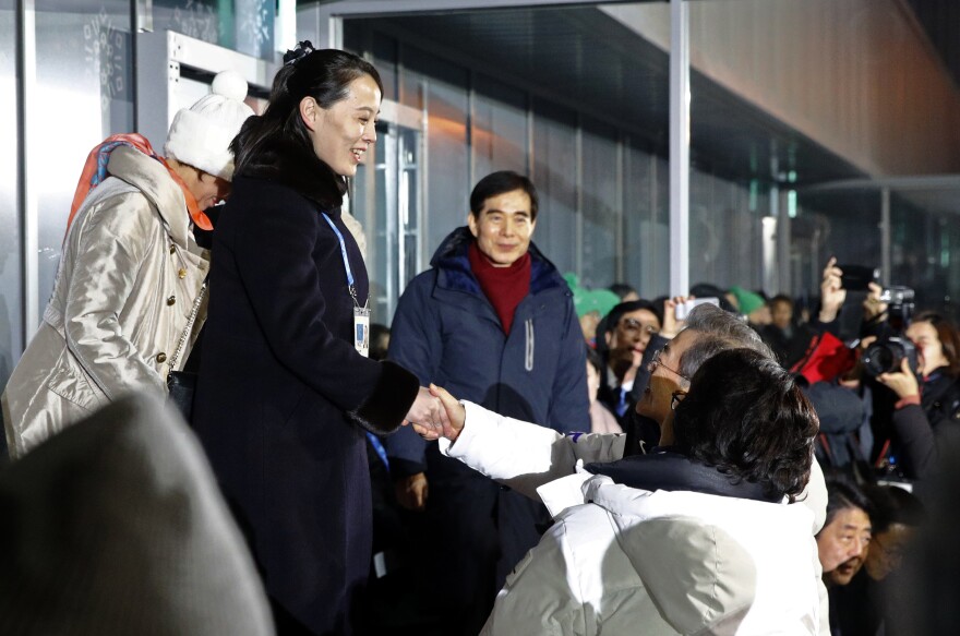 Kim Yo Jong (left), the sister of North Korean leader Kim Jong Un, shakes hands with South Korean President Moon Jae-in at the opening ceremony of the 2018 Winter Olympics.