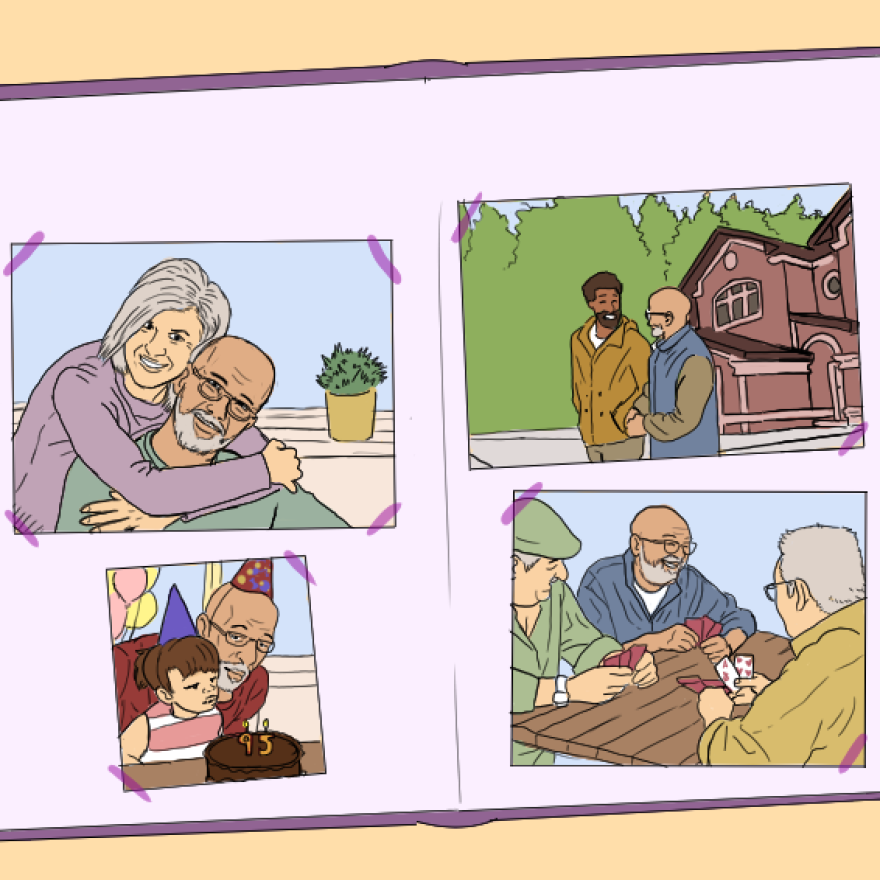 An illustration of a scrapbook featuring four photos of an older white man, who is bald, has a beard and wears glasses. In the photos clockwise from upper right photo: an older white woman hugs the man from behind; the man in front of a big house and trees talking with a Black man; the man with a young girl blowing out candles on a chocolate birthday cake that says ‘95’; the man sitting at a picnic table playing bridge with two other old white men.