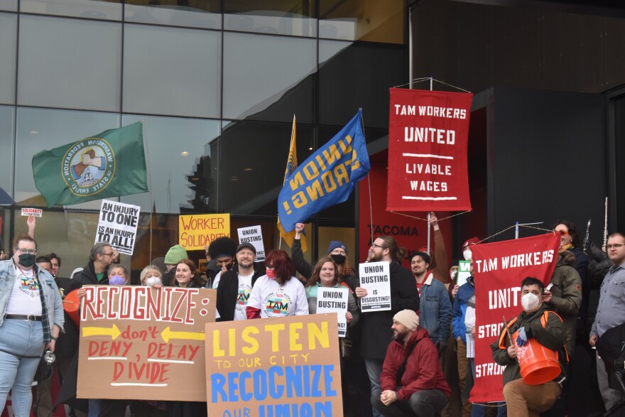 Tacoma Art Museum employees have been organizing and rallying for recognition of their workers' union for months. On Friday, March 31, committee members met with the museum board of trustees, during which no decisions were made. Photo by Lauren Gallup.