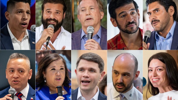 From top left: Republicans Carlos De La Cruz, Brandon Herrera, Ken Paxton, Marc LaHood and Jorge Borrego are shown. From bottom left: Johnny Garcia, Katy Padilla Stout, James Talarico, Zack Dunn and Kristian Carranza are shown.
