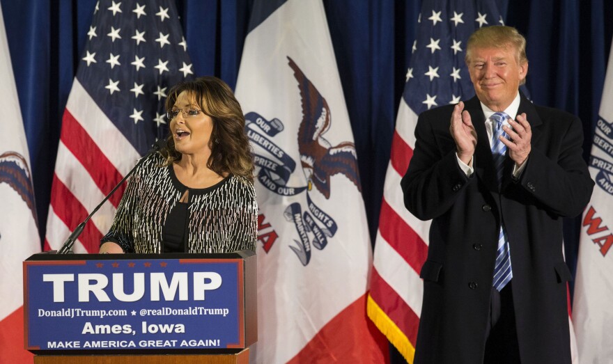 Former Alaska Gov. Sarah Palin announces her endorsement of Republican presidential candidate Donald Trump in Ames, Iowa, on Tuesday.