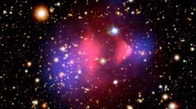 The Bullet Cluster, a pair of galaxy clusters that collided. Normal matter is shown in the cluster in pink, while gravitational lensing reveals dark matter in the cluster shown in blue. This observation has provided one of the clearest direct examples of dark matter.