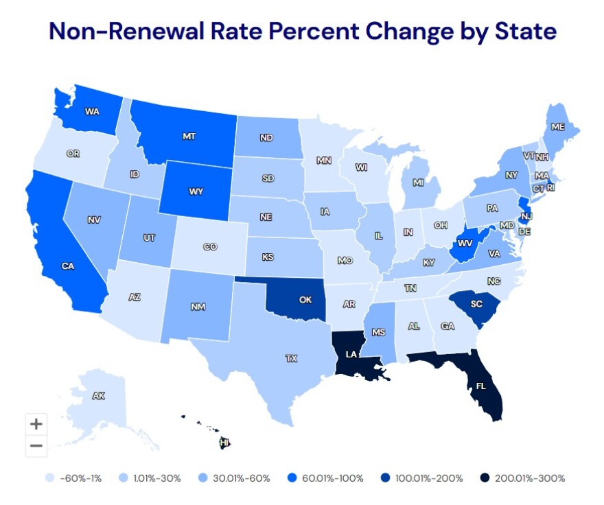 Non-renewal rate data from a December 2024 U.S. Senate Budget Committee report inform Insurify's data and analysis. "Climate change has become a major cost-of-living issue for families across the country,” the committee report said.