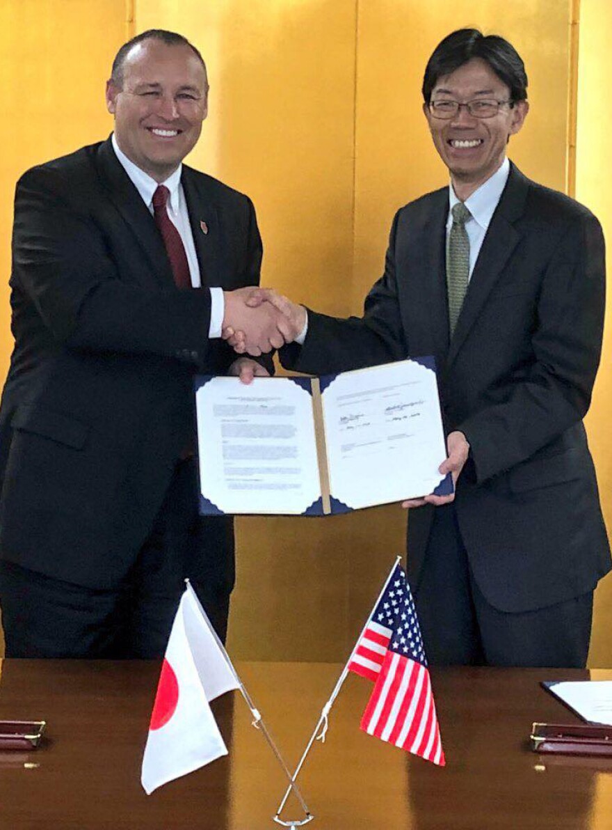 Dr. Kelly Damphousse (left), Chancellor, and Dr. Hiroki Yamaguchi, President, Saitama University
