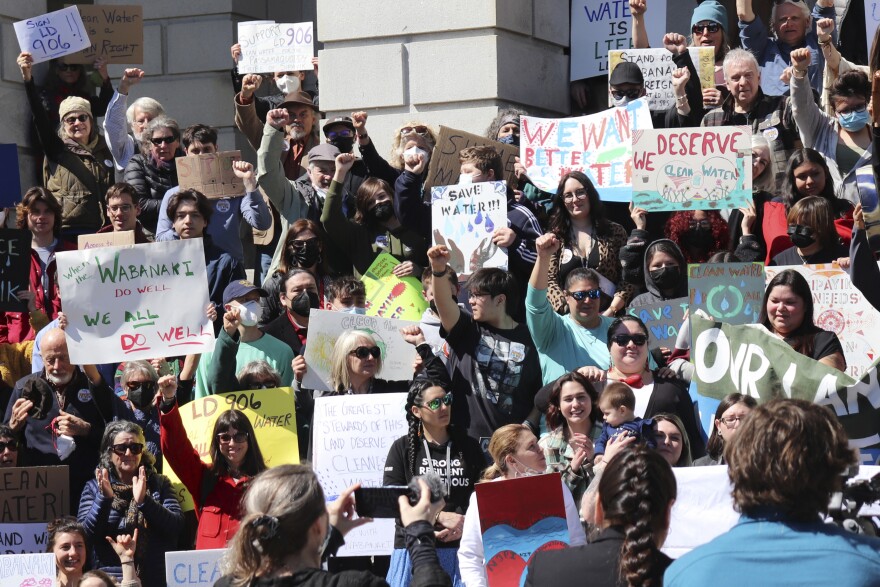 Protesters concerned with tribal sovereignty laws gather at the State House, Monday, April 11, 2022, in Augusta, Maine.