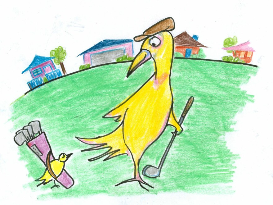 A bird golfing.