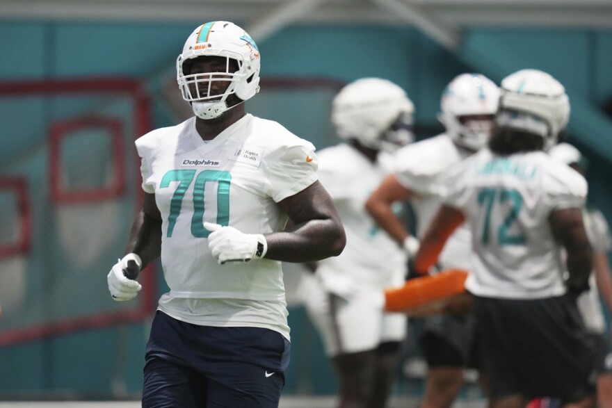 Miami Dolphins offensive tackle Bayron Matos (70) does drills at training camp before he was injured toward the end of practice onWednesday, July 23, 2025, in Miami Gardens.