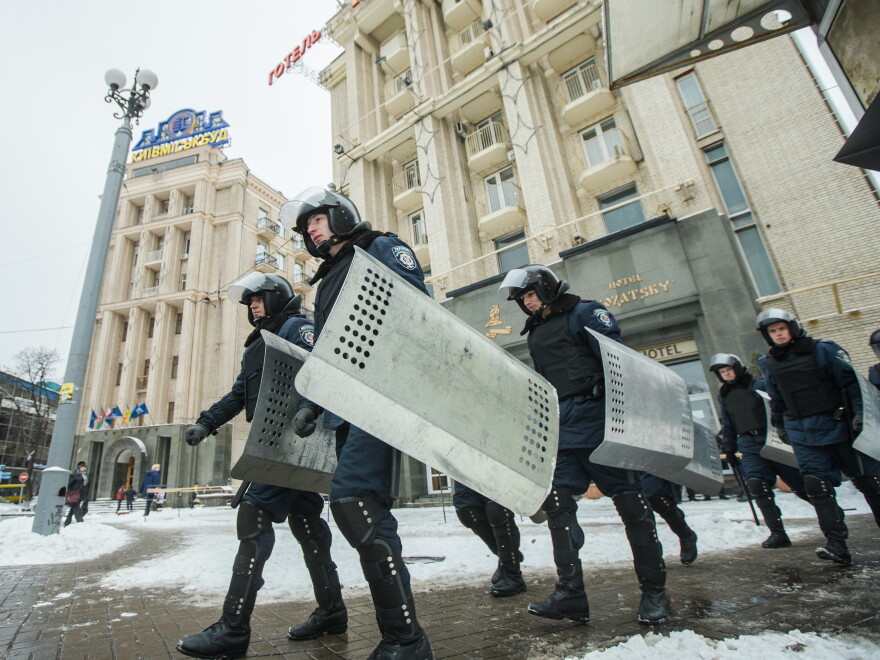 Authorities respond to protesters at Independence Square in December 2013 in Kiev, Ukraine. Mass protest actions started after the president of Ukraine Victor Yanukovych refused the association agreement with the European Union.
