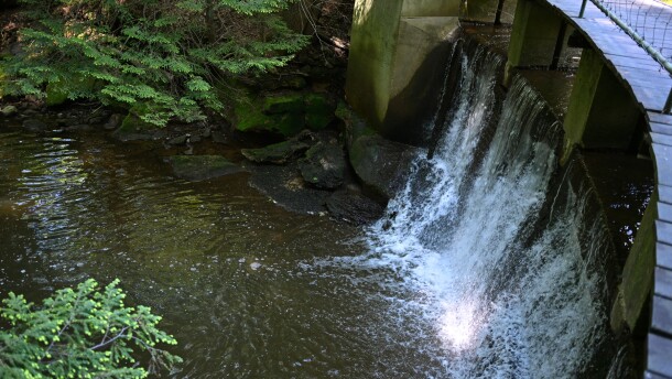 Water falls over a dam in a ravine