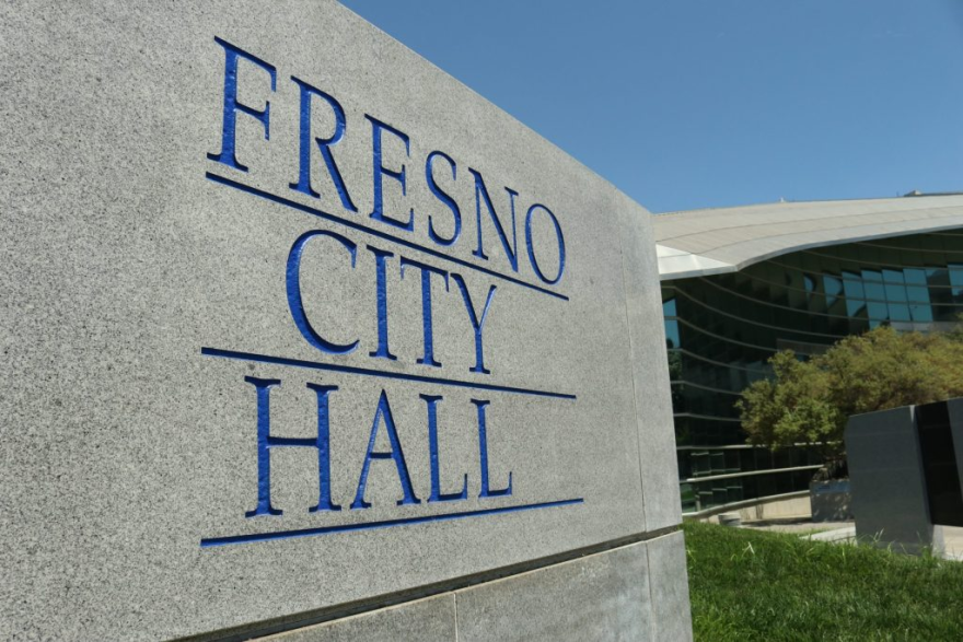 Fresno City Hall sign outside of its offices.
