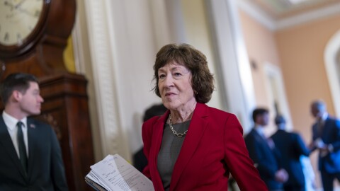 Sen. Susan Collins, R-Maine, chair of the Senate Appropriations Committee, walks to the chamber following a closed-door Republican meeting with OMB Director Russell Vought at the Capitol in Washington, Tuesday, July 15, 2025.