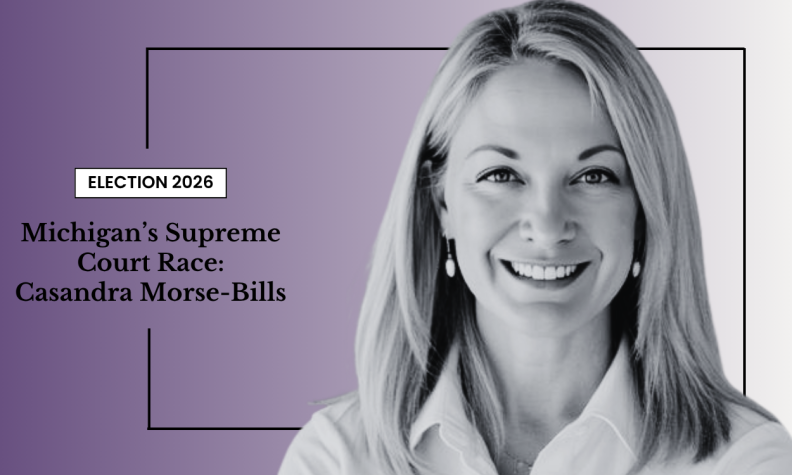 A woman smiling in a professional portrait with text about Casandra Morse-Bills running in Michigan’s 2026 Supreme Court election.